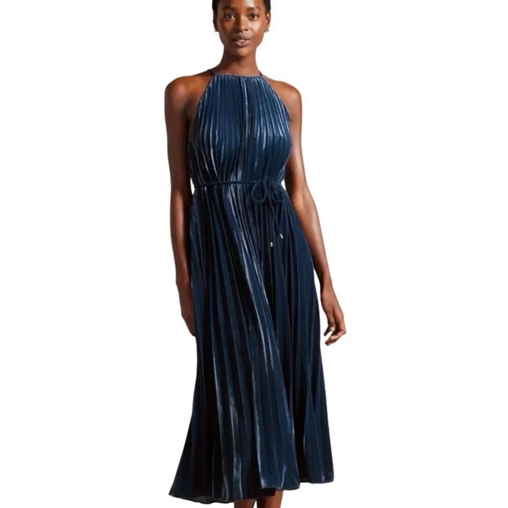 TED BAKER London Kassiah Pleated Halterneck Midi Blue Velvet Dress Size 3